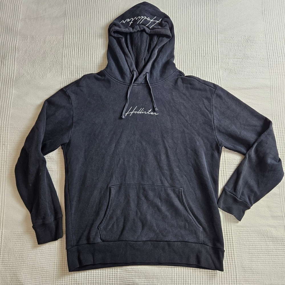 Hollister Distressed Y2K Black Graphic Spellout Script Super Soft Hoodie Mens L